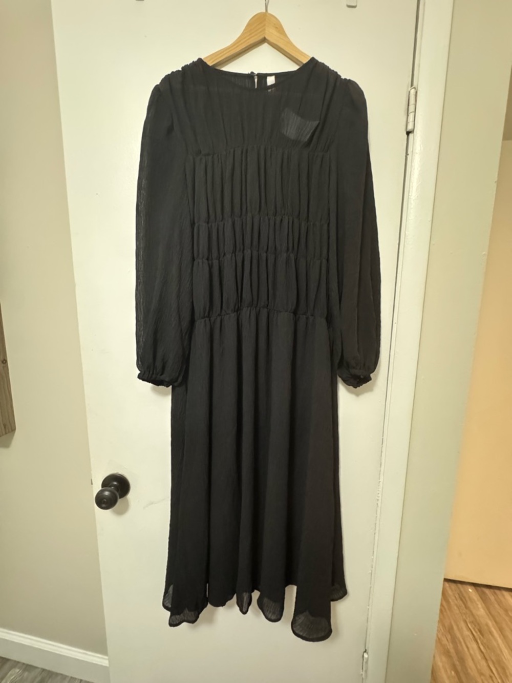 Mango Black Long-Sleeve Smocked Midi Dress